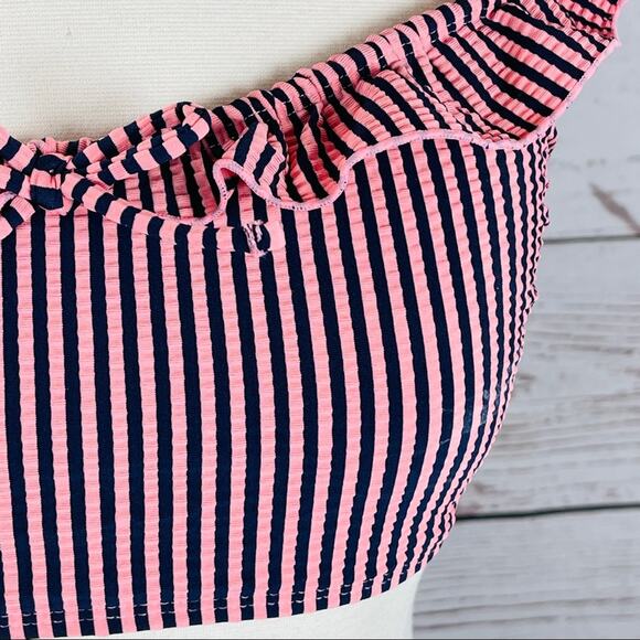 Xhilaration off shoulder ruffle navy pink top - Picture 3 of 11